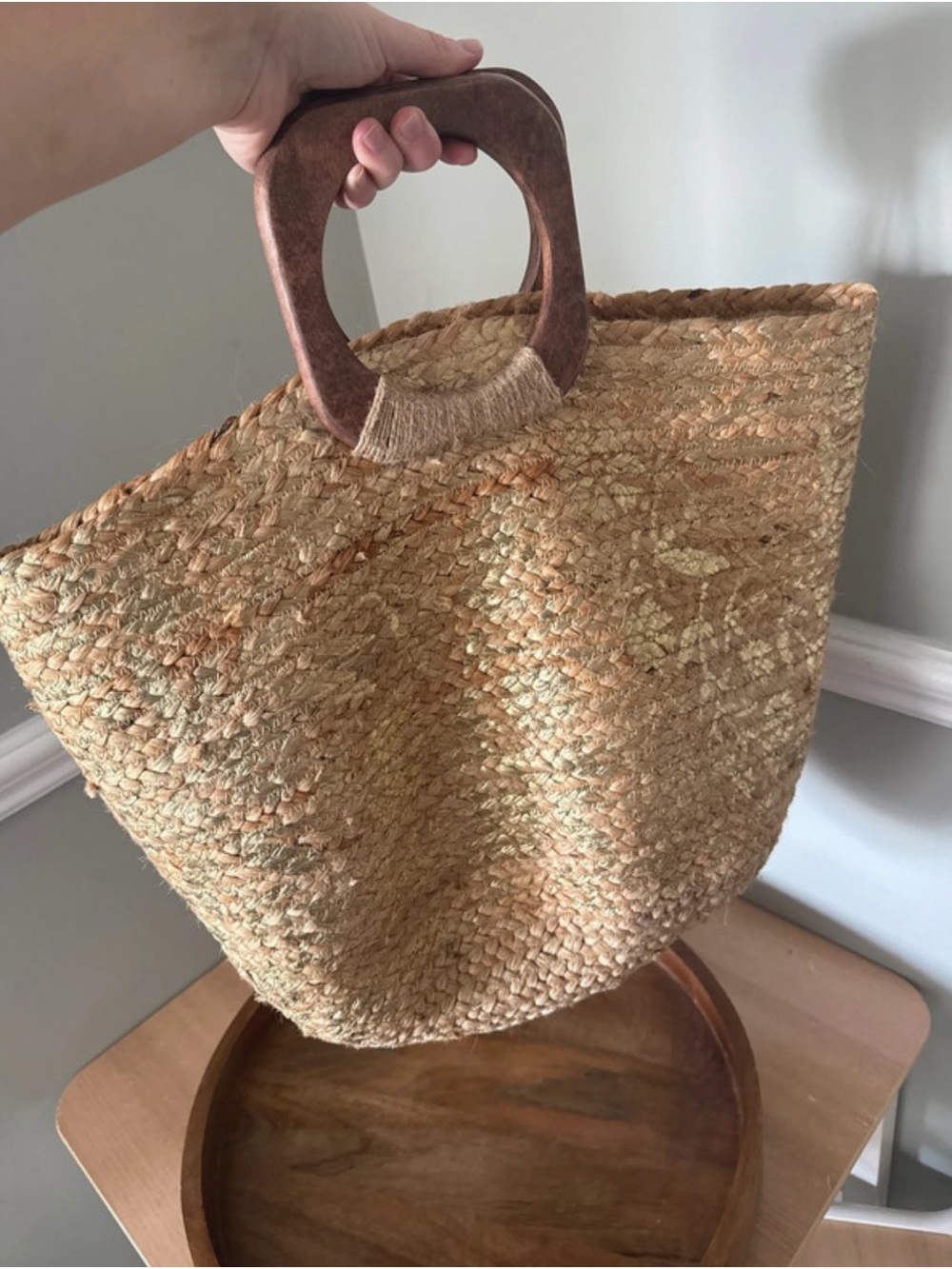 Antik Kraft Natural Straw Tote with Wooden Handles
